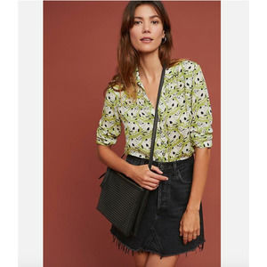 Anthropologie 52 Conversations Cat Print Top 2 Green Button Front EUC!